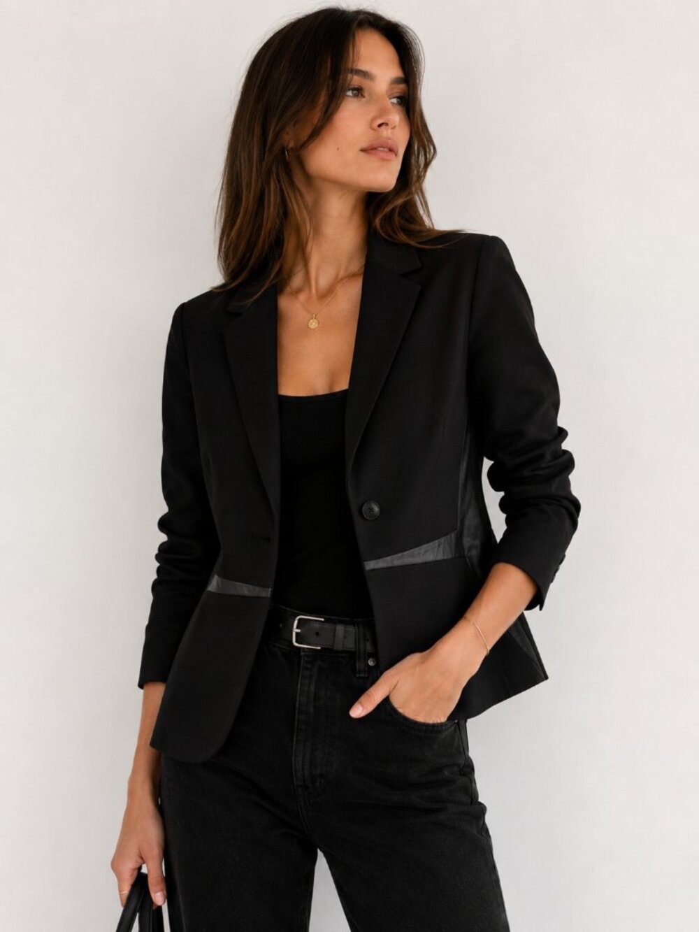 Vintage‎ Black Leather Trim Blazer Quiet Luxury Minimalist Tailored Jacket CBK